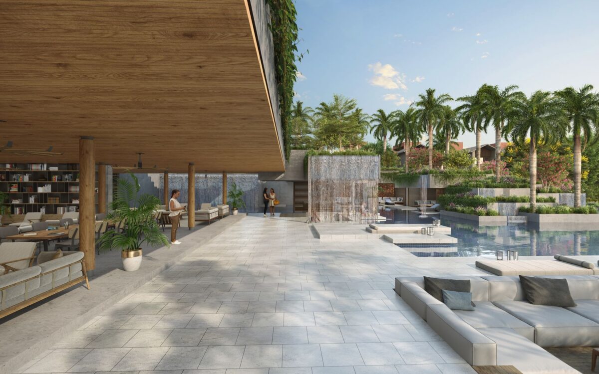 Resort de luxo deslumbrante com design moderno, palmeiras e áreas de descanso à beira da piscina