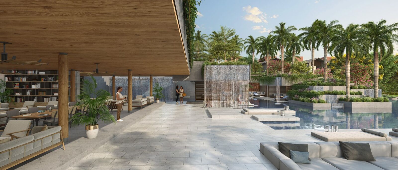 Resort de luxo deslumbrante com design moderno, palmeiras e áreas de descanso à beira da piscina